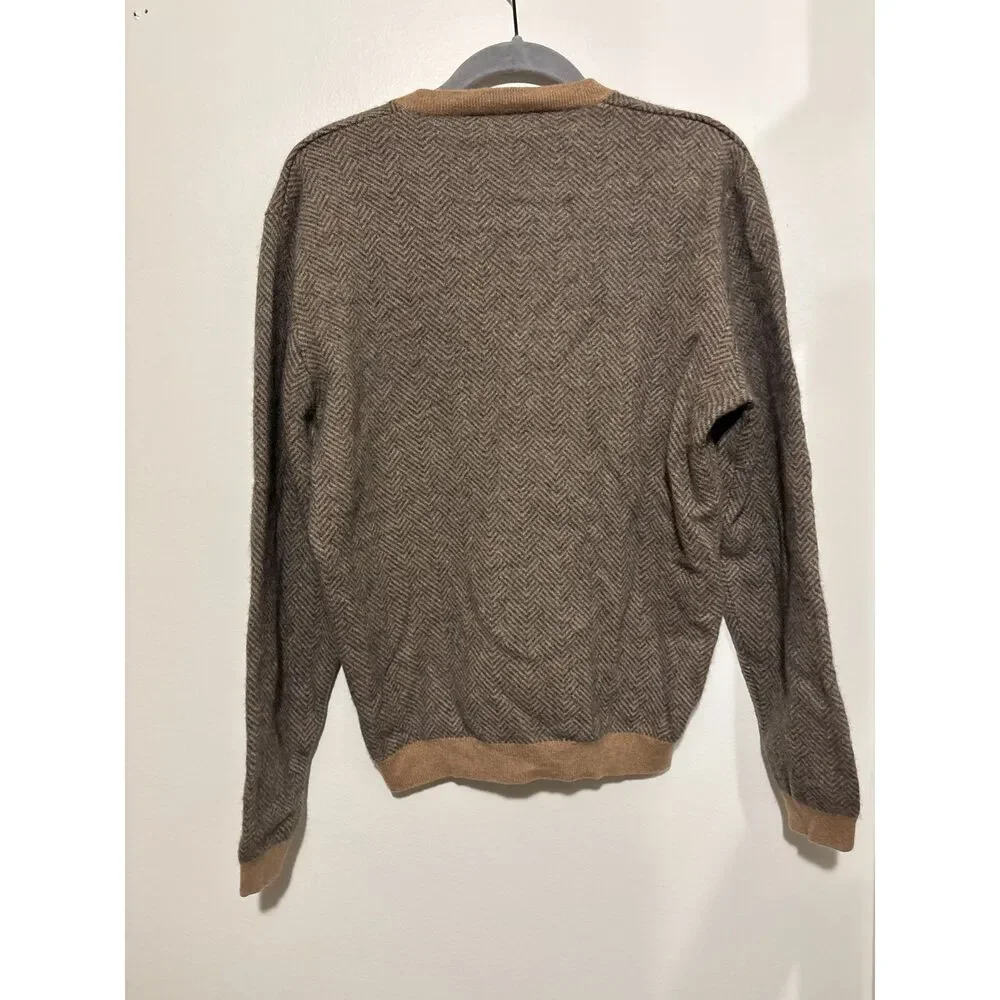Orvis 100% Cashmere‎ V Neck Sweater Herringbone Brown Tan Medium Preppy Luxury